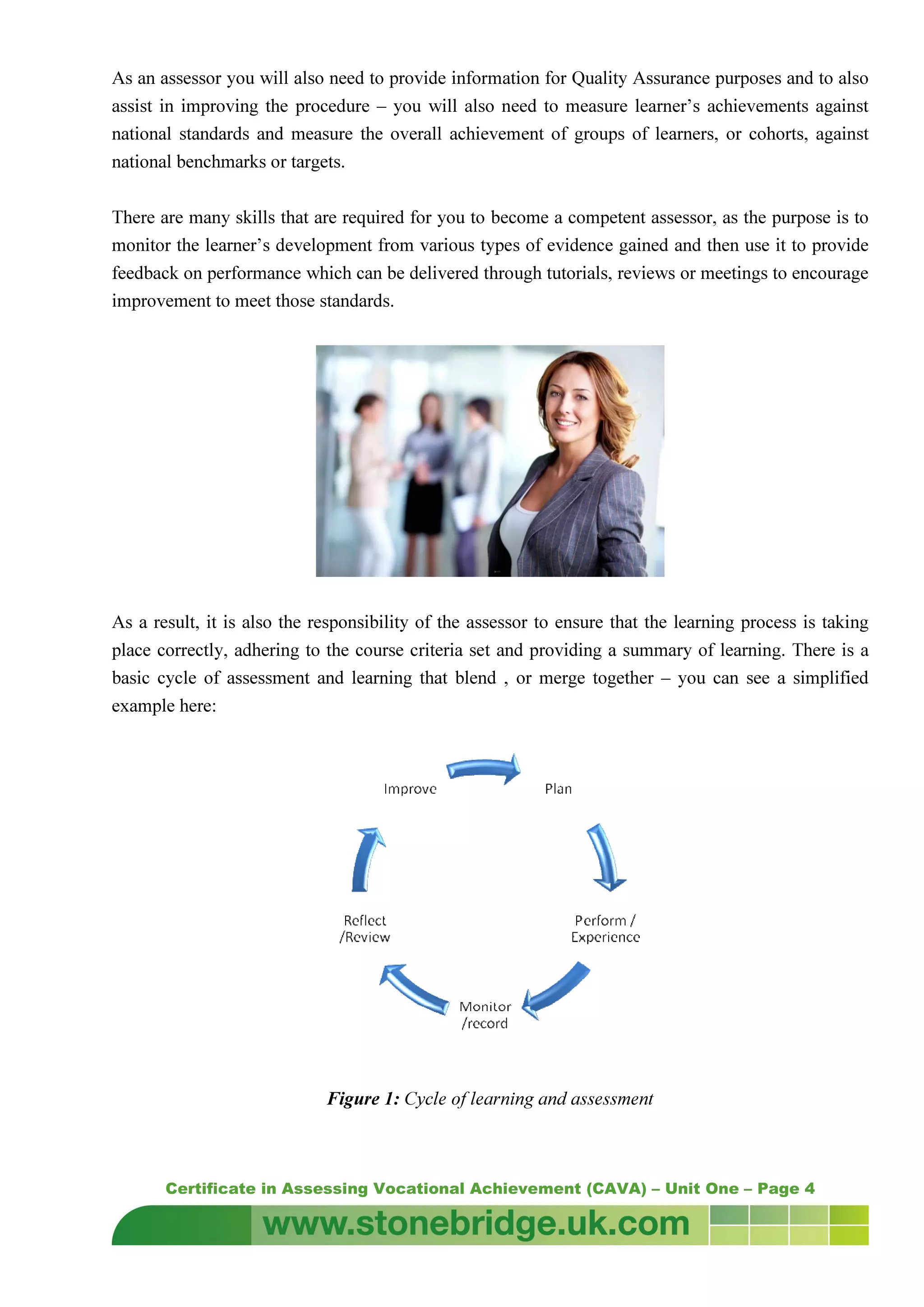 Certificate in Assessing Vocational Achievement (CAVA) – Unit One – Page 4
As an assessor you will also need to provide information for Quality Assurance purposes and to also
assist in improving the procedure – you will also need to measure learner’s achievements against
national standards and measure the overall achievement of groups of learners, or cohorts, against
national benchmarks or targets.
There are many skills that are required for you to become a competent assessor, as the purpose is to
monitor the learner’s development from various types of evidence gained and then use it to provide
feedback on performance which can be delivered through tutorials, reviews or meetings to encourage
improvement to meet those standards.
As a result, it is also the responsibility of the assessor to ensure that the learning process is taking
place correctly, adhering to the course criteria set and providing a summary of learning. There is a
basic cycle of assessment and learning that blend , or merge together – you can see a simplified
example here:
Figure 1: Cycle of learning and assessment
 