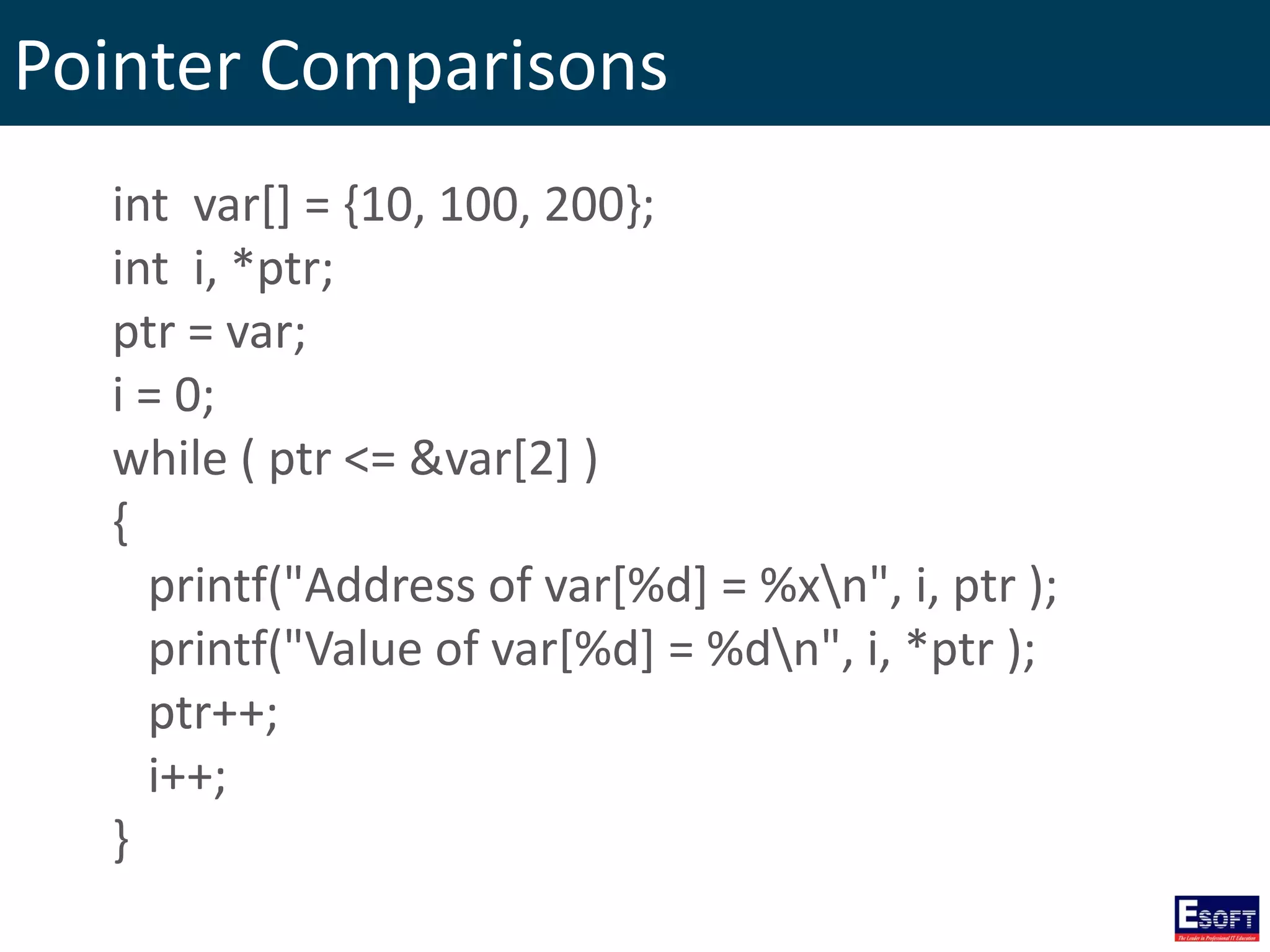 Pointer Comparisons
int var[] = {10, 100, 200};
int i, *ptr;
ptr = var;
i = 0;
while ( ptr <= &var[2] )
{
printf("Address of var[%d] = %xn", i, ptr );
printf("Value of var[%d] = %dn", i, *ptr );
ptr++;
i++;
}
 