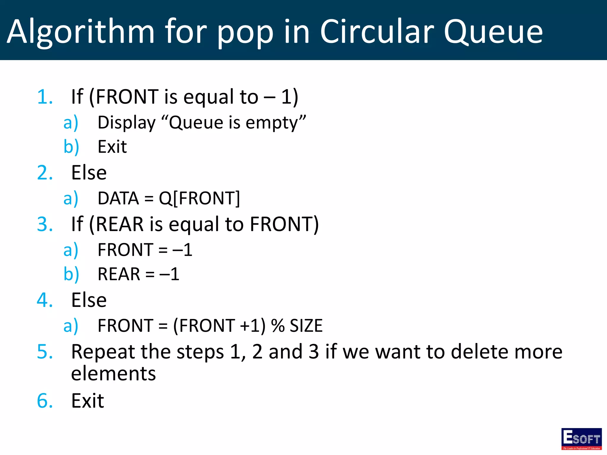 Algorithm for pop in Circular Queue
1. If (FRONT is equal to – 1)
a) Display “Queue is empty”
b) Exit
2. Else
a) DATA = Q[FRONT]
3. If (REAR is equal to FRONT)
a) FRONT = –1
b) REAR = –1
4. Else
a) FRONT = (FRONT +1) % SIZE
5. Repeat the steps 1, 2 and 3 if we want to delete more
elements
6. Exit
 