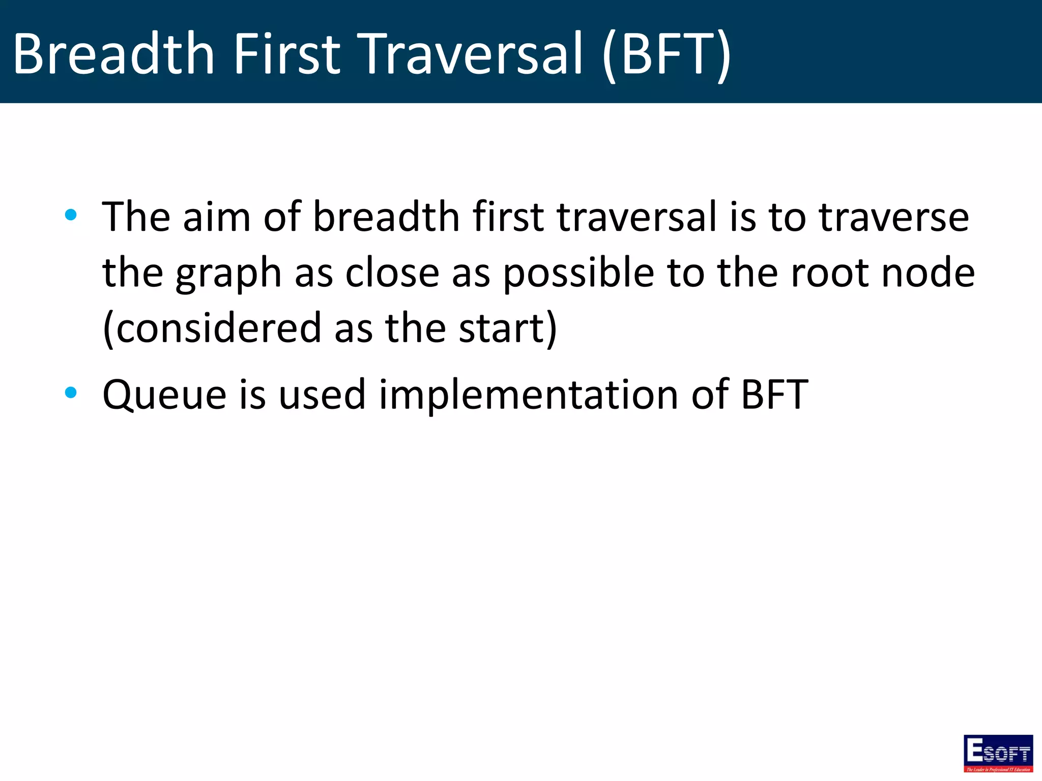 Breadth First Traversal (BFT)
• The aim of breadth first traversal is to traverse
the graph as close as possible to the root node
(considered as the start)
• Queue is used implementation of BFT
 
