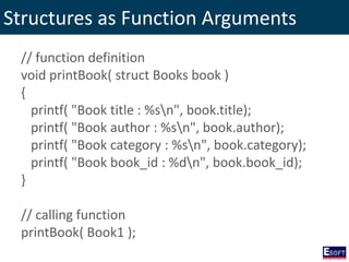 Structures as Function Arguments
// function definition
void printBook( struct Books book )
{
printf( "Book title : %sn", book.title);
printf( "Book author : %sn", book.author);
printf( "Book category : %sn", book.category);
printf( "Book book_id : %dn", book.book_id);
}
// calling function
printBook( Book1 );
 
