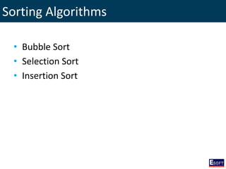 Sorting Algorithms
• Bubble Sort
• Selection Sort
• Insertion Sort
 