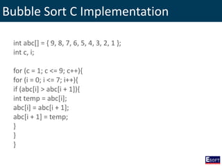 Bubble Sort C Implementation
int abc[] = { 9, 8, 7, 6, 5, 4, 3, 2, 1 };
int c, i;
for (c = 1; c <= 9; c++){
for (i = 0; i <= 7; i++){
if (abc[i] > abc[i + 1]){
int temp = abc[i];
abc[i] = abc[i + 1];
abc[i + 1] = temp;
}
}
}
 
