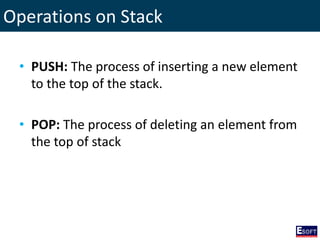Operations on Stack
• PUSH: The process of inserting a new element
to the top of the stack.
• POP: The process of deleting an element from
the top of stack
 