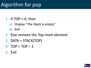 Algorithm for pop
1. If TOP < 0, then
a) Display “The Stack is empty”
b) Exit
2. Else remove the Top most element
3. DATA = STACK[TOP]
4. TOP = TOP – 1
5. Exit
 