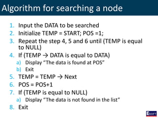 Algorithm for searching a node
1. Input the DATA to be searched
2. Initialize TEMP = START; POS =1;
3. Repeat the step 4, 5 and 6 until (TEMP is equal
to NULL)
4. If (TEMP → DATA is equal to DATA)
a) Display “The data is found at POS”
b) Exit
5. TEMP = TEMP → Next
6. POS = POS+1
7. If (TEMP is equal to NULL)
a) Display “The data is not found in the list”
8. Exit
 