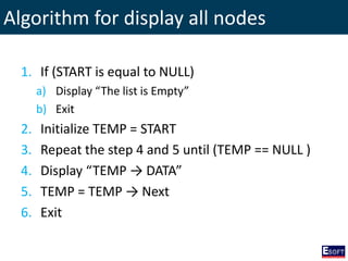 Algorithm for display all nodes
1. If (START is equal to NULL)
a) Display “The list is Empty”
b) Exit
2. Initialize TEMP = START
3. Repeat the step 4 and 5 until (TEMP == NULL )
4. Display “TEMP → DATA”
5. TEMP = TEMP → Next
6. Exit
 