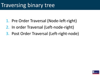 Traversing binary tree
1. Pre Order Traversal (Node-left-right)
2. In order Traversal (Left-node-right)
3. Post Order Traversal (Left-right-node)
 