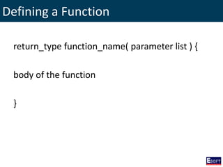 Defining a Function
return_type function_name( parameter list ) {
body of the function
}
 