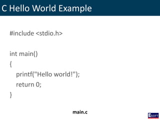C Hello World Example
#include <stdio.h>
int main()
{
printf("Hello world!");
return 0;
}
main.c
 