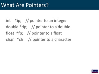 What Are Pointers?
int *ip; // pointer to an integer
double *dp; // pointer to a double
float *fp; // pointer to a float
char *ch // pointer to a character
 