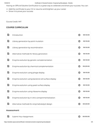 10/5/2019 Certificate In Directed Evolution: Engineering Biocatalysts - Edukite
https://edukite.org/course/certificate-in-directed-evolution-engineering-biocatalysts/ 3/9
 
 
 
 
 
 
 
 
 
 
 
 
 
Having an Of cial Edukite Certi cation is a great way to celebrate and share your success. You can:
Add the certi cate to your CV or resume and brighten up your career
Show it to prove your success
 
 
Course Credit: MIT
Introduction 00:10:00
Library generation by point mutation 00:15:00
Library generation by recombination 00:15:00
Alternative methods for library generation 00:15:00
Enzyme evolution by genetic complementation 00:10:00
Enzyme evolution by chemical complementation 00:20:00
Enzyme evolution using phage display 00:15:00
Enzyme evolution using bacterial cell surface display 00:10:00
Enzyme evolution using yeast surface display 00:10:00
Enzyme evolution using ribosome display 00:15:00
Enzyme evolution by in vitro compartmentalization 00:15:00
Alternative methods for enzyme/catalyst design 00:20:00
Assessment
Submit Your Assignment 00:00:00
COURSE CURRICULUM
 