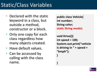Static/Class Variables
public class Vehicle{
int number;
String color;
static String model;
void Drive(){
int speed = 100;
System.out.print(“vehicle
is driving in “ + speed +
“kmph”);
}
}
• Declared with the static
keyword in a class, but
outside a method,
constructor or a block.
• Only one copy for each
class regardless how
many objects created.
• Have default values.
• Can be accessed by
calling with the class
name.
 