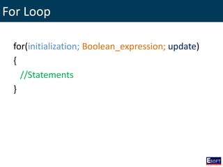 For Loop
for(initialization; Boolean_expression; update)
{
//Statements
}
 