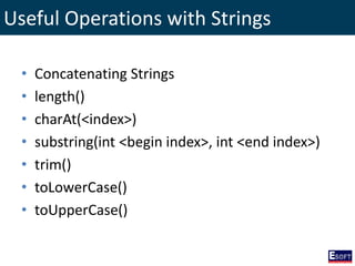Useful Operations with Strings
• Concatenating Strings
• length()
• charAt(<index>)
• substring(int <begin index>, int <end index>)
• trim()
• toLowerCase()
• toUpperCase()
 