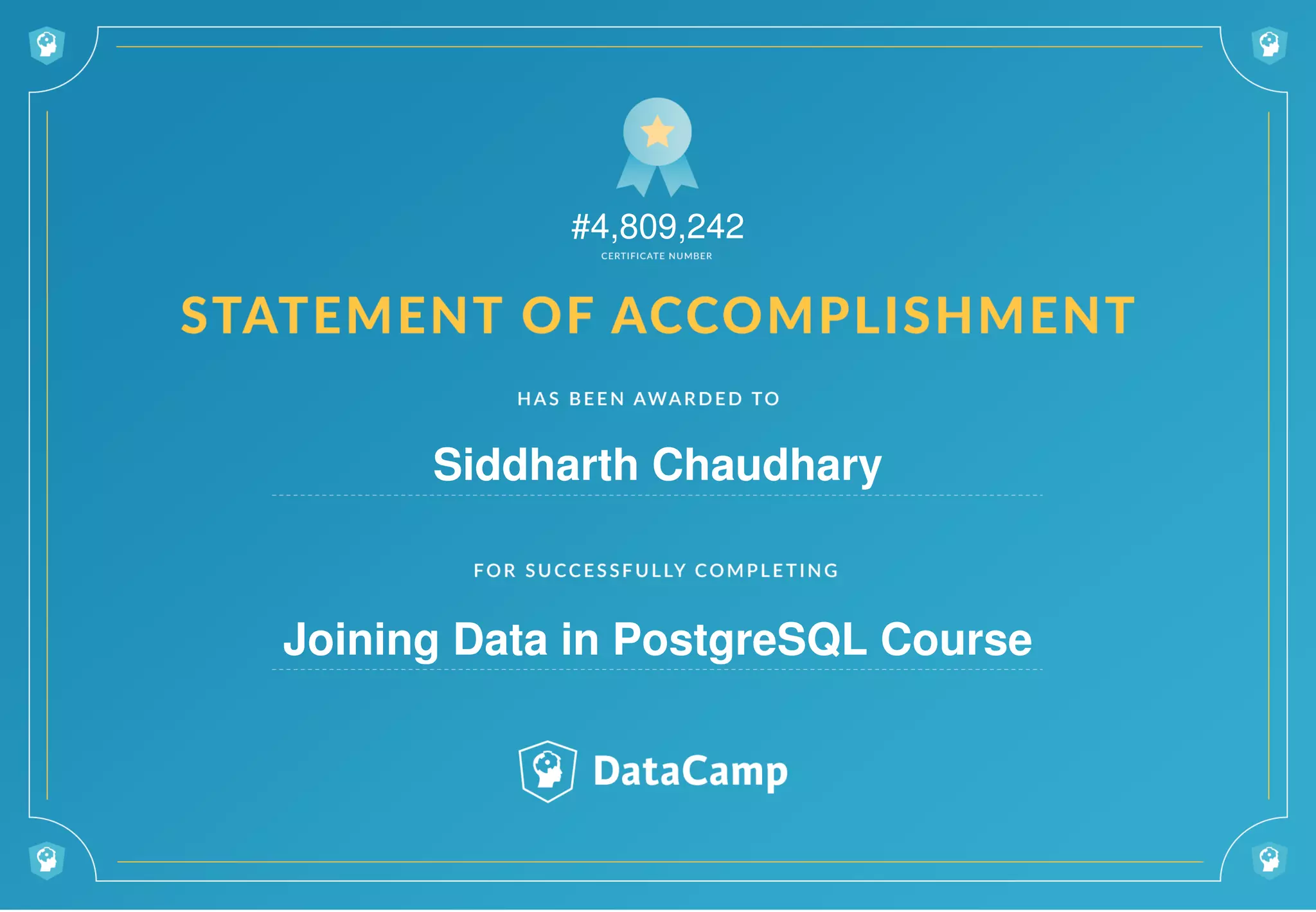 #4,809,242
Siddharth Chaudhary
Joining Data in PostgreSQL Course
 