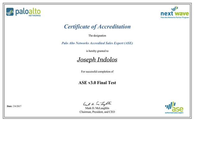 Joseph Indolos Palo Alto Networks - Accredited Sales Expert (ASE ...