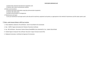 STATUTORY CERTIFICATE LIST

.1 operate ship’s electrical and electronic equipment; and
.2 maintain ship’s electric and electronic systems.
.16 Radio communications:
.1 transmit and receive information using ship communication equipment;
.2 maintain safe radio watch;
.3 provide communications in emergencies.
.17 Maintenance and repair:
.1 carry out maintenance and repair work to the ship and its machinery, equipment and systems, as appropriate to the method of maintenance and the repair system used.

***Note: under Annexe 6 Marpol : IAPPC has 5 sections
1. Ozone depletion substances: No Certificates ; Ozone record Book to be maintained
2. Nox: EIAPPC: Engine International Air Pollution Prevention Certificate
3. Sox : NO Certificates : Documents: Bunker Delivary Note(BDN)-to be retaiained for 2 yrs , Sulphur Record Book
4. Volatile Organic Compound: No certificate: Document- Vapour Emission Control Plan
5. Shipboard Incinerators: Certificate for Approval of Incinerators

 