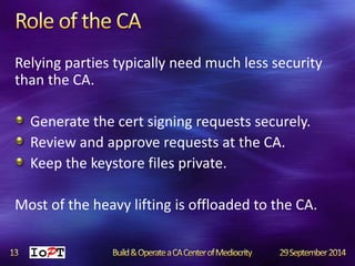 Relying parties typically need much less security 
than the CA. 
Generate the cert signing requests securely. 
Review and approve requests at the CA. 
Keep the keystore files private. 
Most of the heavy lifting is offloaded to the CA. 
 