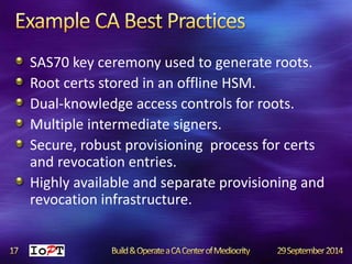 SAS70 key ceremony used to generate roots. 
Root certs stored in an offline HSM. 
Dual-knowledge access controls for roots. 
Multiple intermediate signers. 
Secure, robust provisioning process for certs 
and revocation entries. 
Highly available and separate provisioning and 
revocation infrastructure. 
 