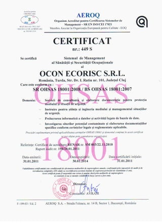 Certificate OCON ECORISC - Romaltyn Mining