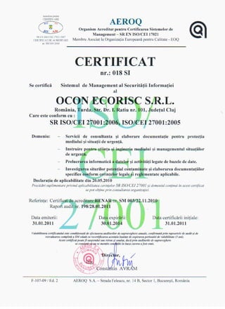 Certificate OCON ECORISC - Romaltyn Mining