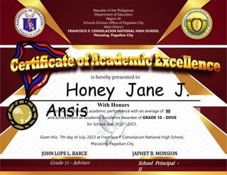 for her outstanding academic performance with an average of 90
and achievement as Academic Excellence Awardee of GRADE 10 - DOVE
for School Year 2022 - 2023.
Given this 7th day of July, 2023 at Francisco P. Consolacion National High School,
Macasing, Pagadian City.
Grade 10 - Adviser School Principal -
II
JOHN LOPE L. BARCE JAPHET B. MONSION
Honey Jane J.
Ansis
With Honors
Republic of the Philippines
Department of Education
Region IX
Schools Division Office of Pagadian City
West District
FRANCISCO P. CONSOLACION NATIONAL HIGH SCHOOL
Macasing, Pagadian City
is hereby presented to
 