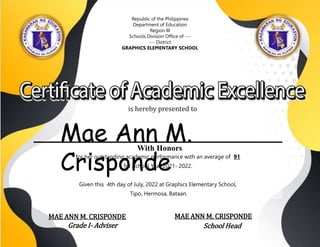 for her outstanding academic performance with an average of 91
for School Year 2021- 2022.
Given this 4th day of July, 2022 at Graphics Elementary School,
Tipo, Hermosa, Bataan.
Grade I- Adviser School Head
MAE ANN M. CRISPONDE MAE ANN M. CRISPONDE
Mae Ann M.
Crisponde
With Honors
Republic of the Philippines
Department of Education
Region III
Schools Division Office of ---
--- District
GRAPHICS ELEMENTARY SCHOOL
is hereby presented to
 