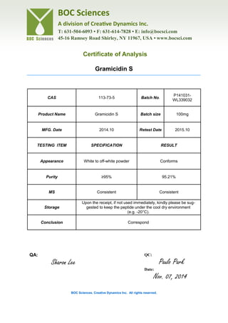 Certificate of Analysis
BOC Sciences
A division of Creative Dynamics Inc.
T: 631-504-6093 • F: 631-614-7828 • E: info@bocsci.com
45-16 Ramsey Road Shirley, NY 11967, USA • www.bocsci.com
BOC Sciences. Creative Dynamics Inc. All rights reserved.BOC Sciences. Creative Dynamics Inc. All rights reserved.
QA:
Sharon Lee
QC:
Paulo Park
Date:
Nov. 07, 2014
CAS 113-73-5 Batch No.
P141031-
WL339032
Product Name Gramicidin S Batch size 100mg
MFG. Date 2014.10 Retest Date 2015.10
TESTING ITEM SPECIFICATION RESULT
Appearance White to off-white powder Conforms
Purity ≥95% 95.21%
MS Consistent Consistent
Storage
Upon the receipt, if not used immediately, kindly please be sug-
gested to keep the peptide under the cool dry environment
(e.g. -20°C).
Conclusion Correspond
Gramicidin S
 