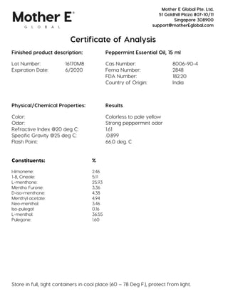 Certificate of Analysis
Finished product description: Peppermint Essential Oil, 15 ml
Lot Number: 16170M8 Cas Number: 8006-90-4
Expiration Date: 6/2020 Fema Number: 2848
FDA Number: 182.20
Country of Origin: India
Physical/Chemical Properties: Results
Color: Colorless to pale yellow
Odor: Strong peppermint odor
Refractive Index @20 deg C: 1.61
Specific Gravity @25 deg C: .0.899
Flash Point: 66.0 deg. C
Constituents: %
l-limonene: 2.46
1-8, Cineole: 5.11
L-menthone: 25.93
Mentho Furone: 3.36
D-iso-menthone: 4.38
Menthyl acetate: 4.94
Neo-menthol: 3.46
Iso-pulegol: 0.16
L-menthol: 36.55
Pulegone: 1.60
Store in full, tight containers in cool place (60 – 78 Deg F.), protect from light.
Mother E Global Pte. Ltd.
51 Goldhill Plaza #07-10/11
Singapore 308900
support@motherEglobal.com
 