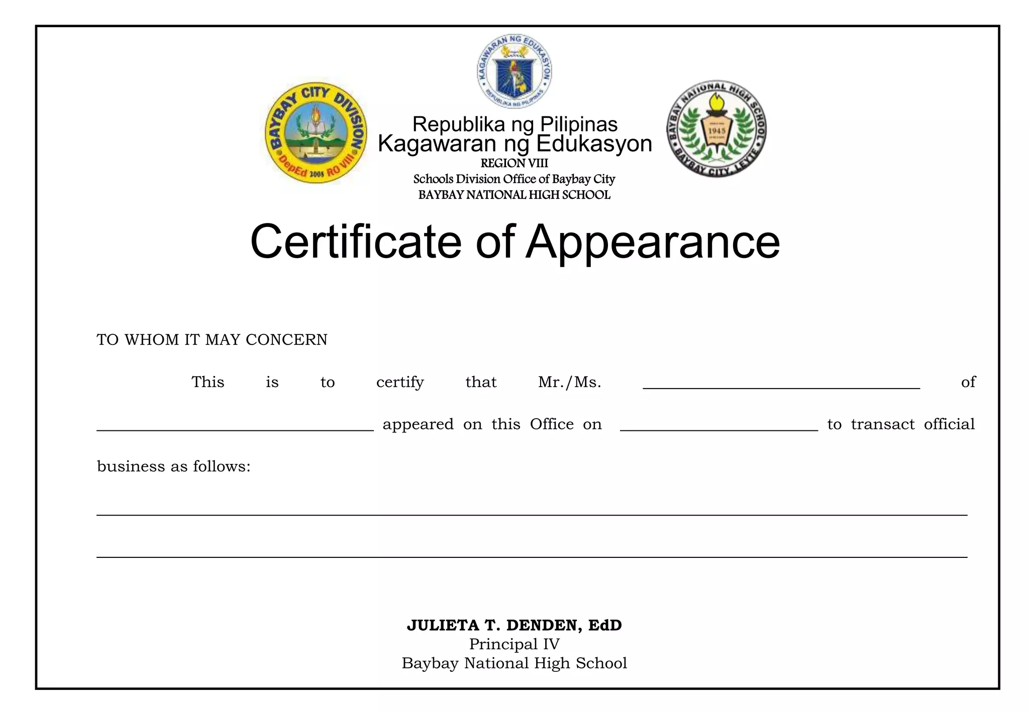 Certificate of appearance sample pptx