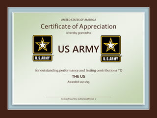 UNITED STATES OF AMERICA
is hereby granted to
for outstanding performance and lasting contributions TO
THE US
Awarded:11/11/15
Akshay Para/ Mrs. Sutherland/Period 2
US ARMY
Certificate of Appreciation
 