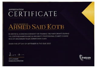 Certificate of Appreciation for conducting the CMRP Exam Preparation Course in August 2023 in Dubai - Ahmed Said Kotb