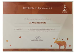 Certificate of Appreciation for conducting the "Maintenance Planning, Scheduling, and Control" Course - Ahmed Said Kotb