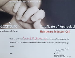 Certificate of Appreciation from Healthcare Cell Accenture - Healthcare 101 - PRAYER Certificate