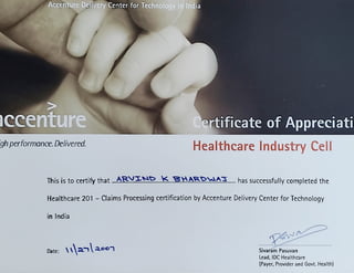 Certificate of Appreciation from Healthcare Cell Accenture - Healthcare 201 - Claim Processing Certificate