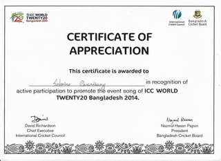 Certificate of appreciation ICC T20 2014