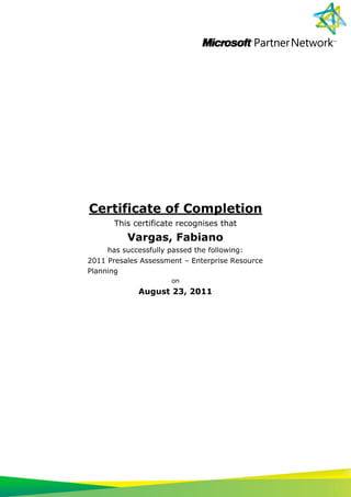 Certificate of completion 2011 presales assessment ôçô enterprise resource planning