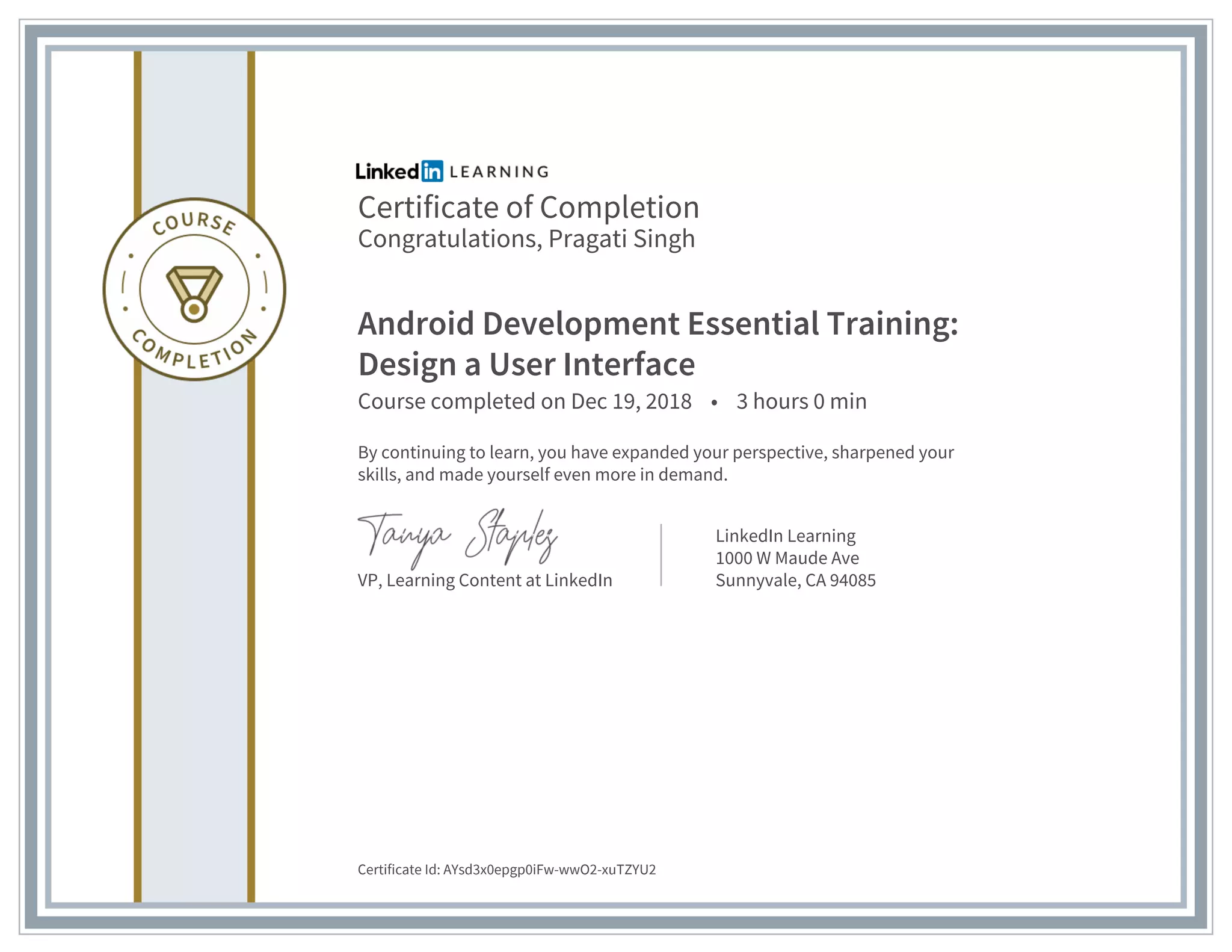 Certificate of completion android development essential training design ...