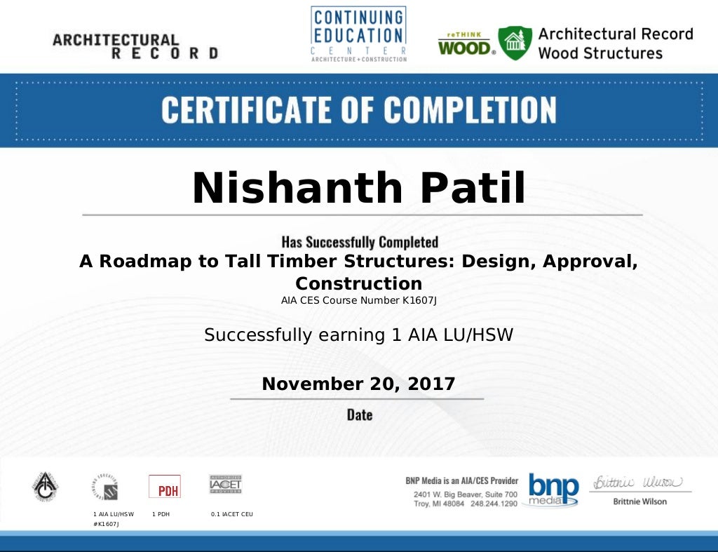 American Institute of Architects Continuing Education Certificate