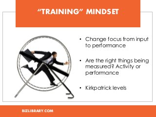 BIZLIBRARY.COM 
“TRAINING” MINDSET 
•Change focus from input to performance 
•Are the right things being measured? Activity or performance 
•Kirkpatrick levels  