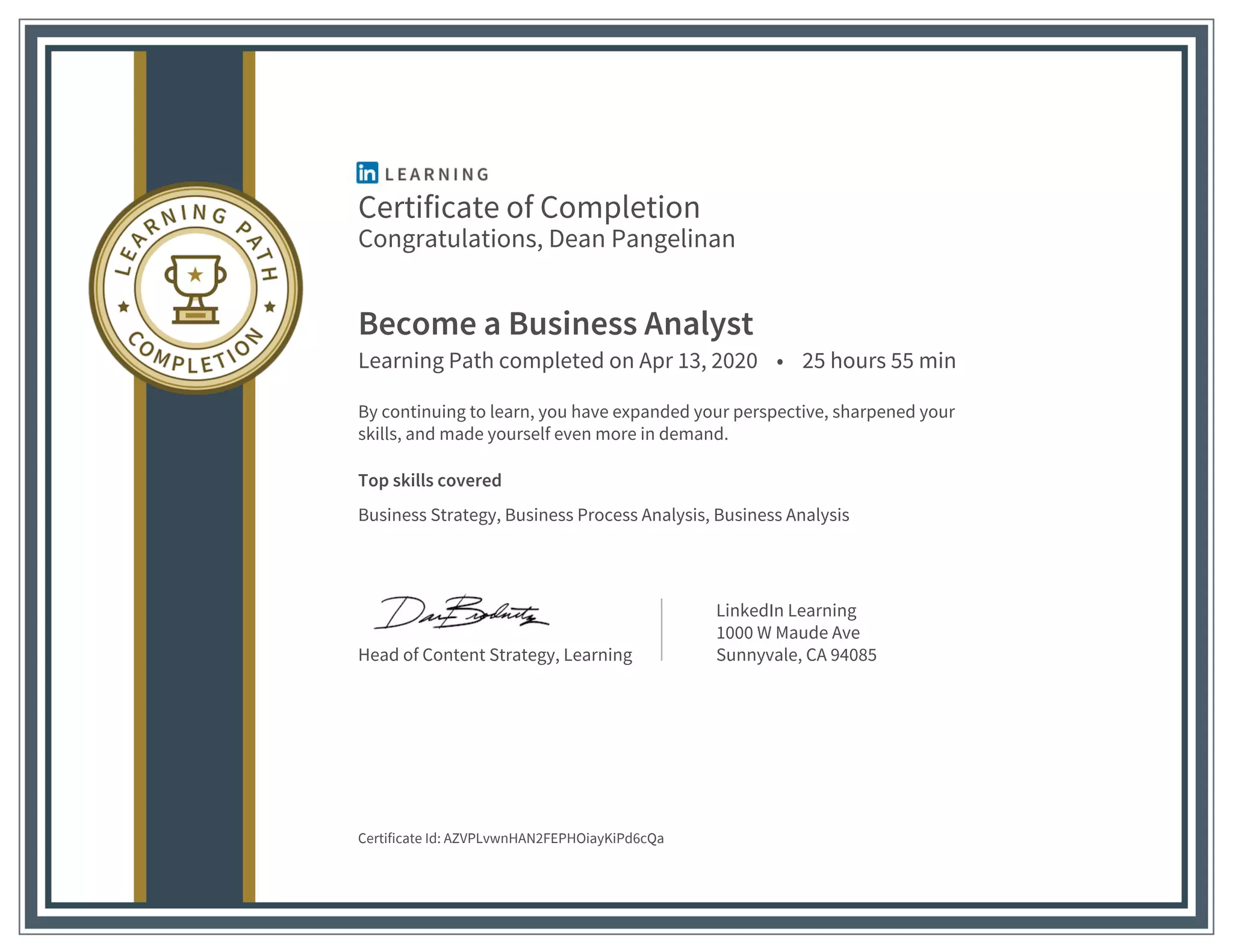 LinkedIn Learning Path Certificate of Completion - "Become a Business ...
