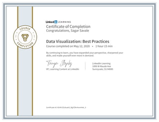 Certificate of Completion
Congratulations, Sagar Savale
Data Visualization: Best Practices
Course completed on May 12, 2020 • 1 hour 15 min
By continuing to learn, you have expanded your perspective, sharpened your
skills, and made yourself even more in demand.
VP, Learning Content at LinkedIn
LinkedIn Learning
1000 W Maude Ave
Sunnyvale, CA 94085
Certificate Id: ASrNcSZxXuak3_RgYZNnHumHek_V
 