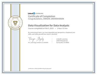 Certificate of Completion
Congratulations, VARSHA JANARDHANAN
Data Visualization for Data Analysts
Course completed on Feb 5, 2019 • 1 hour 31 min
By continuing to learn, you have expanded your perspective, sharpened your
skills, and made yourself even more in demand.
VP, Learning Content at LinkedIn
LinkedIn Learning
1000 W Maude Ave
Sunnyvale, CA 94085
Certificate Id: AWvLMyrIWNm4zFpjJbuZqtJaxolf
 