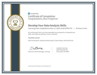 Certificate of Completion
Congratulations, Dean Pangelinan
Develop Your Data Analysis Skills
Learning Path completed on Nov 11, 2019 at 09:52PM UTC • 16 hours 2 min
By continuing to learn, you have expanded your perspective, sharpened your
skills, and made yourself even more in demand.
Top skills covered
Data Visualization, Statistical Data Analysis, Data Analysis, Microsoft Excel
Head of Content Strategy, Learning
LinkedIn Learning
1000 W Maude Ave
Sunnyvale, CA 94085
Certificate Id: AS1TA1Iby_YaL7hTCnjVUSrtJ_04
 