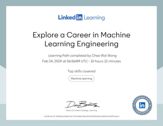 Explore a Career in Machine
Learning Engineering
Learning Path completed by Moses Wong
Feb 24, 2024 at 06:56AM UTC 10 hours 12 minutes
•
Top skills covered
Machine Learning
Certificate ID: 0566f6a1a008a72ec75e7ab8ebcf0ecf69c5510250d5ecb2659ea1364f7eab1d
Head of Content Strategy, Learning
Explore a Career in Machine
Learning Engineering
Feb 24, 2024 at 06:56AM UTC 10 hours 12 minutes
•
Top skills covered
Machine Learning
Certificate ID: 0566f6a1a008a72ec75e7ab8ebcf0ecf69c5510250d5ecb2659ea1364f7eab1d
Head of Content Strategy, Learning
Learning Path completed by Chee Wai Wong
 