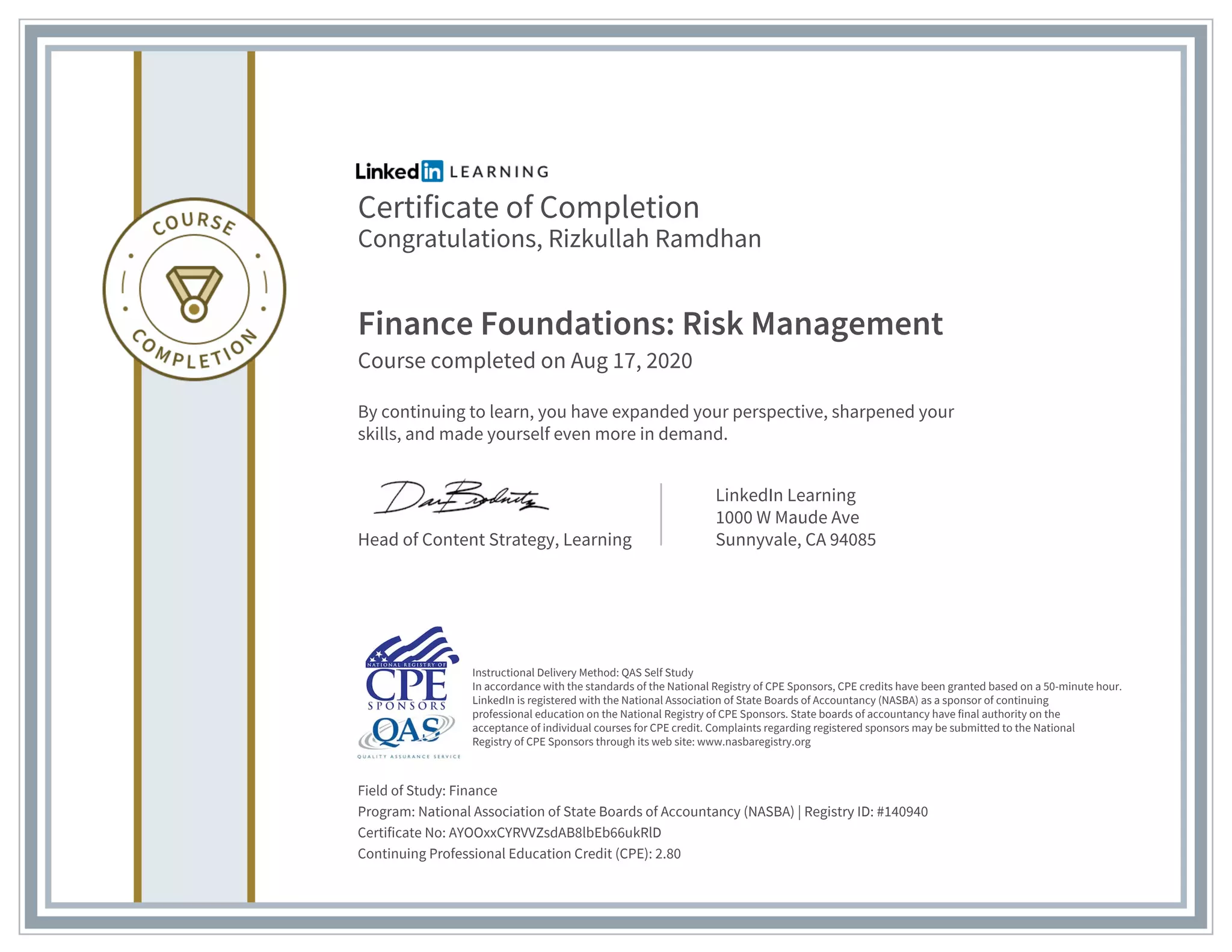 Certificate of completion finance foundations risk management PPT