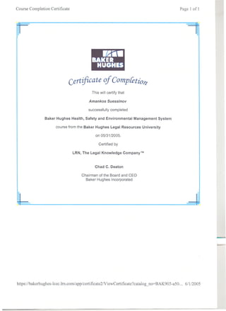 Certificate Of Completion, Hse Ms, May,2005 (Baker Hughes)