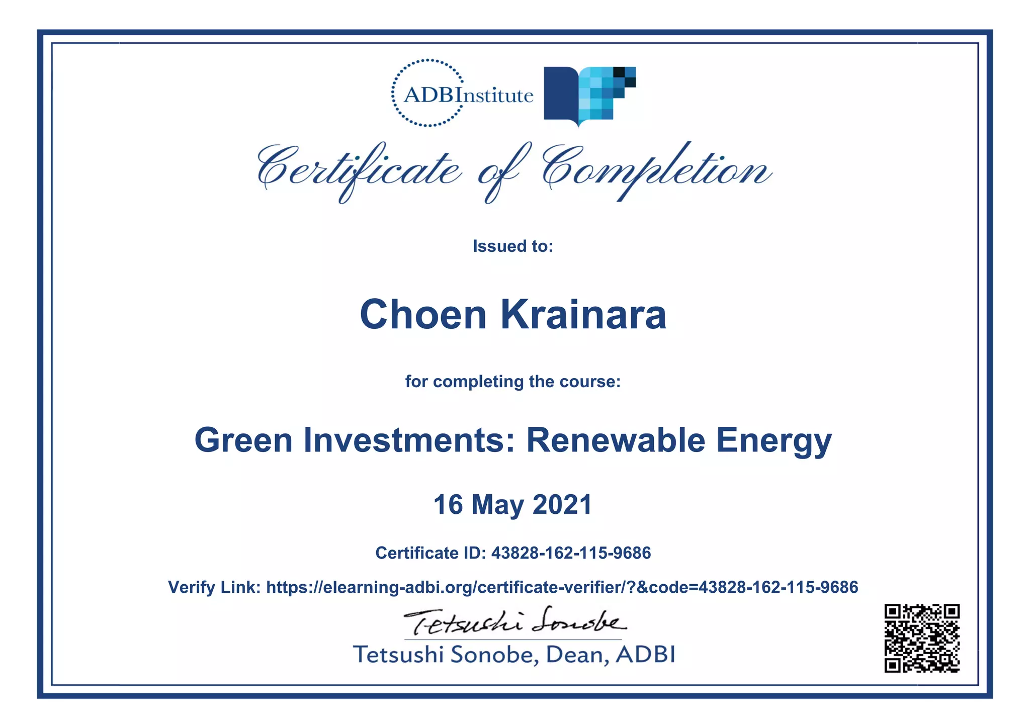 Certificate of Completion in Green Investments: Renewable Energy | PDF