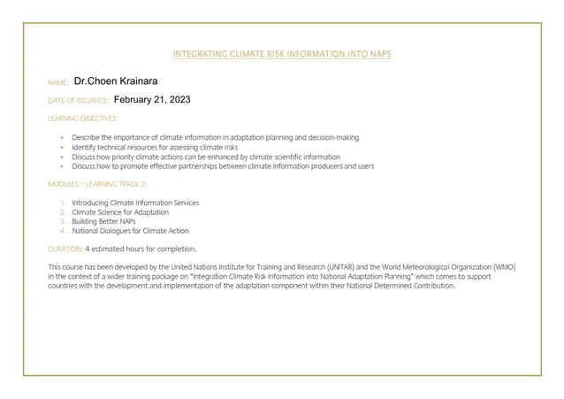 Certificate of Completion in Integrating Climate Risk Information into ...